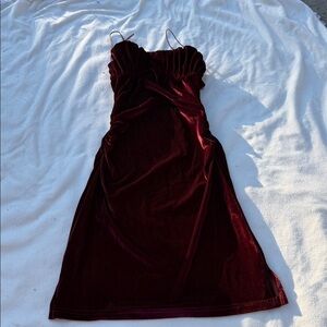 Beige botany Strapless Velvet Dress in Deep Burgundy